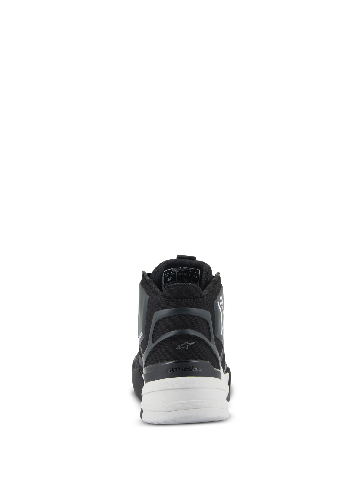 Alpinestars Speedflight Shoes, Black and White, rear view featuring a molded semi-rigid heel piece, asymmetric TPU heel counter, and white dual-density sole, performance urban riding footwear
