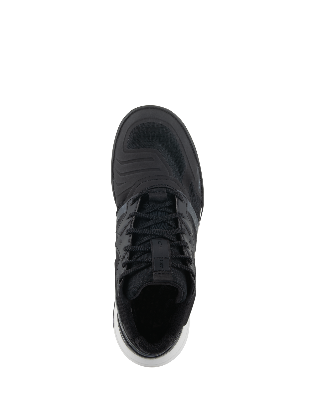 Alpinestars Speedflight Shoes, Performance Riding Shoes, Black and White, top-down view showing the ripstop upper, laces with lace loop strap, and white sole accents, street-styled motorcycling sneaker
