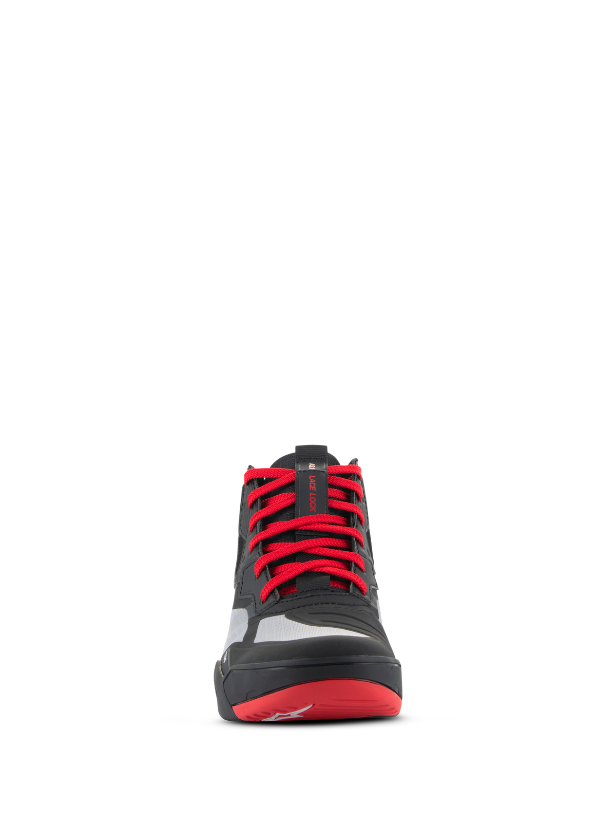 Alpinestars Speedflight Shoes, Performance Riding Shoes, Black Bright Red and White, front view featuring vibrant red laces, lace lock holder strap on the tongue, and seamless reinforcement panels for urban motorcycle riding.
