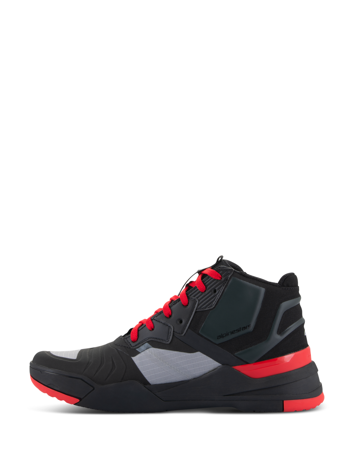 Alpinestars Speedflight Shoes, Performance Riding Shoe, Black with Bright Red and Grey accents, side profile view, featuring ripstop textile upper, bright red laces, and protective heel counter, sporty sneaker-styled motorcycle footwear for urban commuting