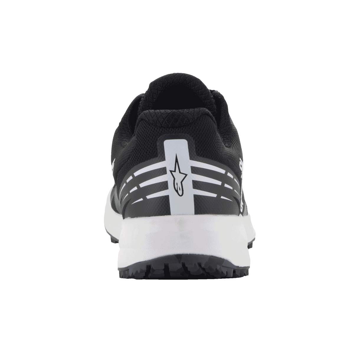 Sapatos Alpinestars Meta Road V2, sapatos de sportswear, preto e branco, vista traseira com logótipo da estrela Alpinestars branco e riscas horizontais no calcanhar, entressola branca, design leve e respirável para uniforme de trabalho de equipa de corrida