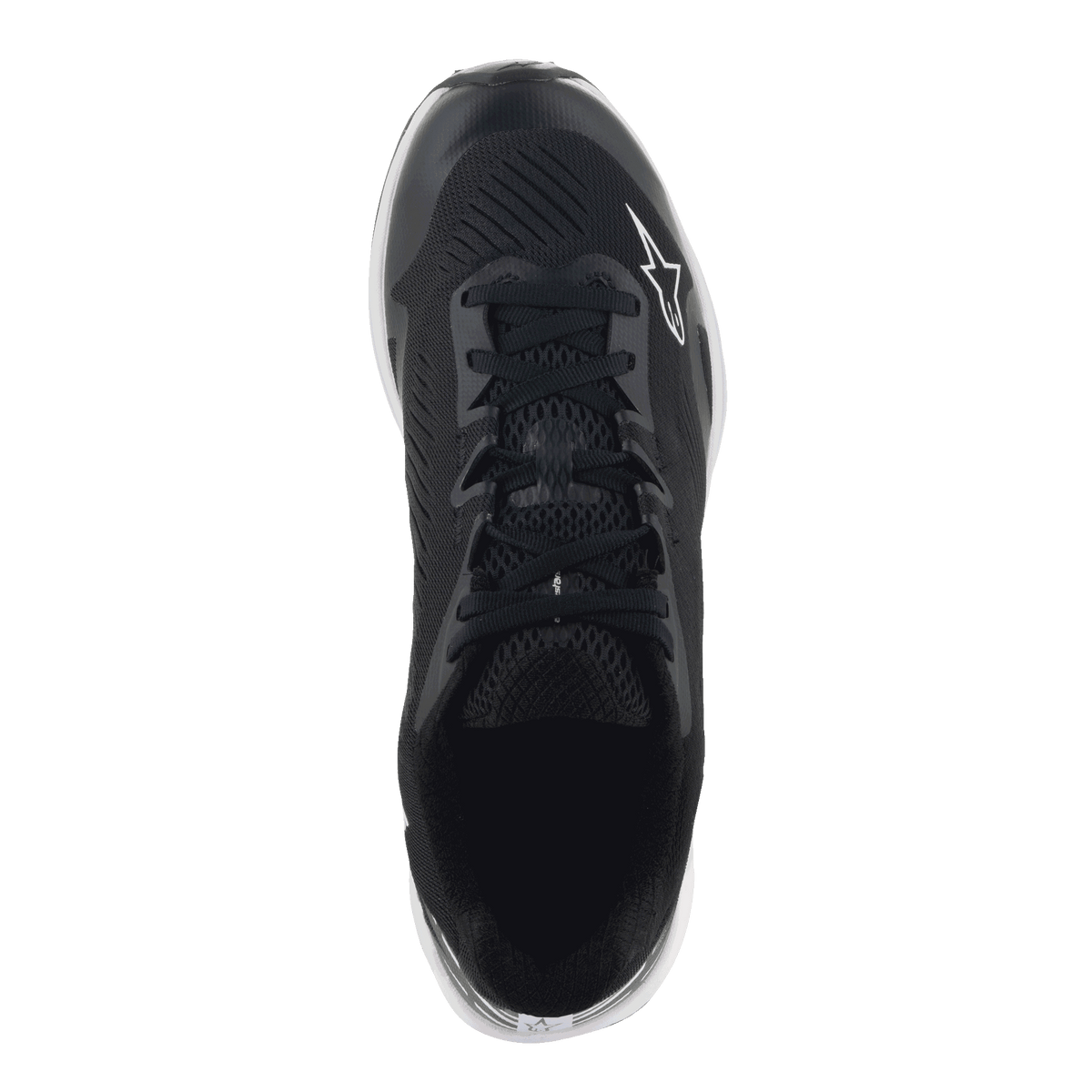 Sapatos Alpinestars Meta Road V2, sapatos de sportswear, pretos e brancos, vista superior mostrando a parte superior em malha sintética respirável, atacadores pretos e logótipo Astars branco, concebidos para conforto durante todo o dia e vestuário de trabalho de equipas de corrida.