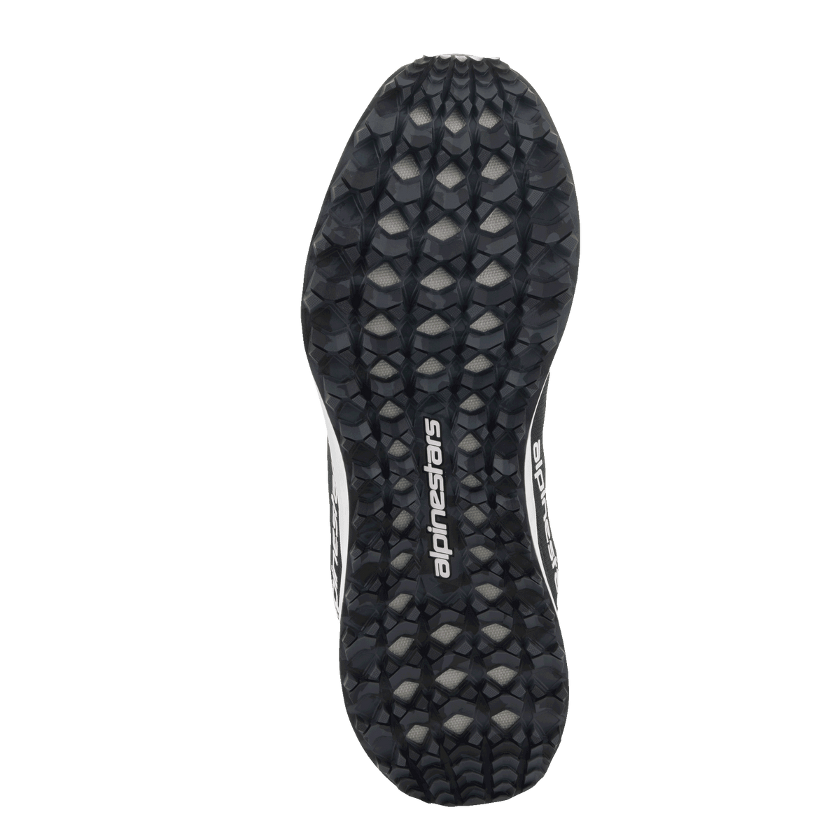 Sapatos Alpinestars Meta Road V2, vista inferior da sola, padrão de aderência com relevos em estilo camuflado preto e cinzento, logótipo Alpinestars branco, sola de borracha durável para tração em vários terrenos