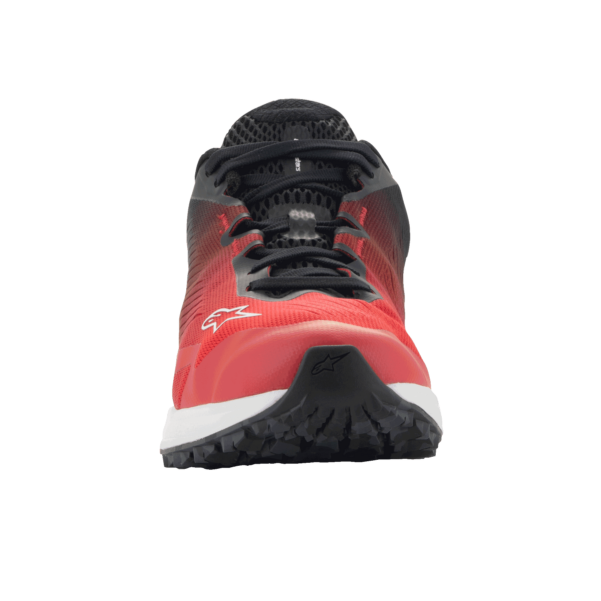 Sapatos Alpinestars Meta Road V2, sapatos de sportswear, vermelhos, pretos e brancos, vista frontal apresentando parte superior em malha respirável e logótipo Alpinestars branco, design leve de vestuário de trabalho para equipas de corrida