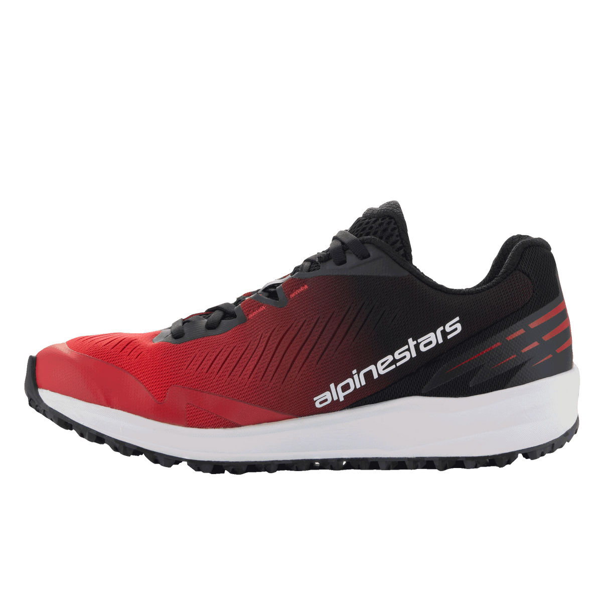 Sapatos Alpinestars Meta Road V2, sapatos de sportswear, degradê vermelho e preto com entressola branca, perfil lateral com marca Alpinestars em texto branco, design atlético leve para conforto durante todo o dia
