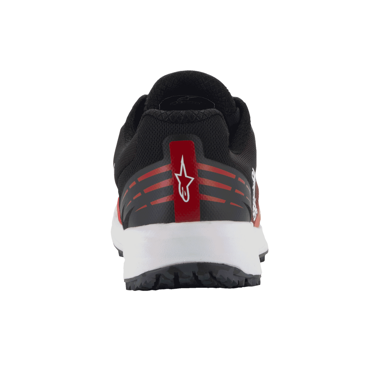 Sapatos Alpinestars Meta Road V2, sapatos de sportswear, vermelhos, pretos e brancos, vista traseira com detalhe do calcanhar, logótipo Astars branco numa faixa vermelha, detalhes horizontais vermelhos, parte superior em malha preta e entressola branca