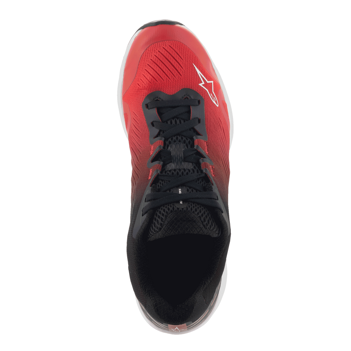 Sapatos Alpinestars Meta Road V2, calçado de sportswear, vermelhos, pretos e brancos, vista superior com um gradiente de vermelho para preto, atacadores pretos e logótipo Alpinestars branco, concebidos para conforto durante todo o dia e vestuário de trabalho para equipas de corrida