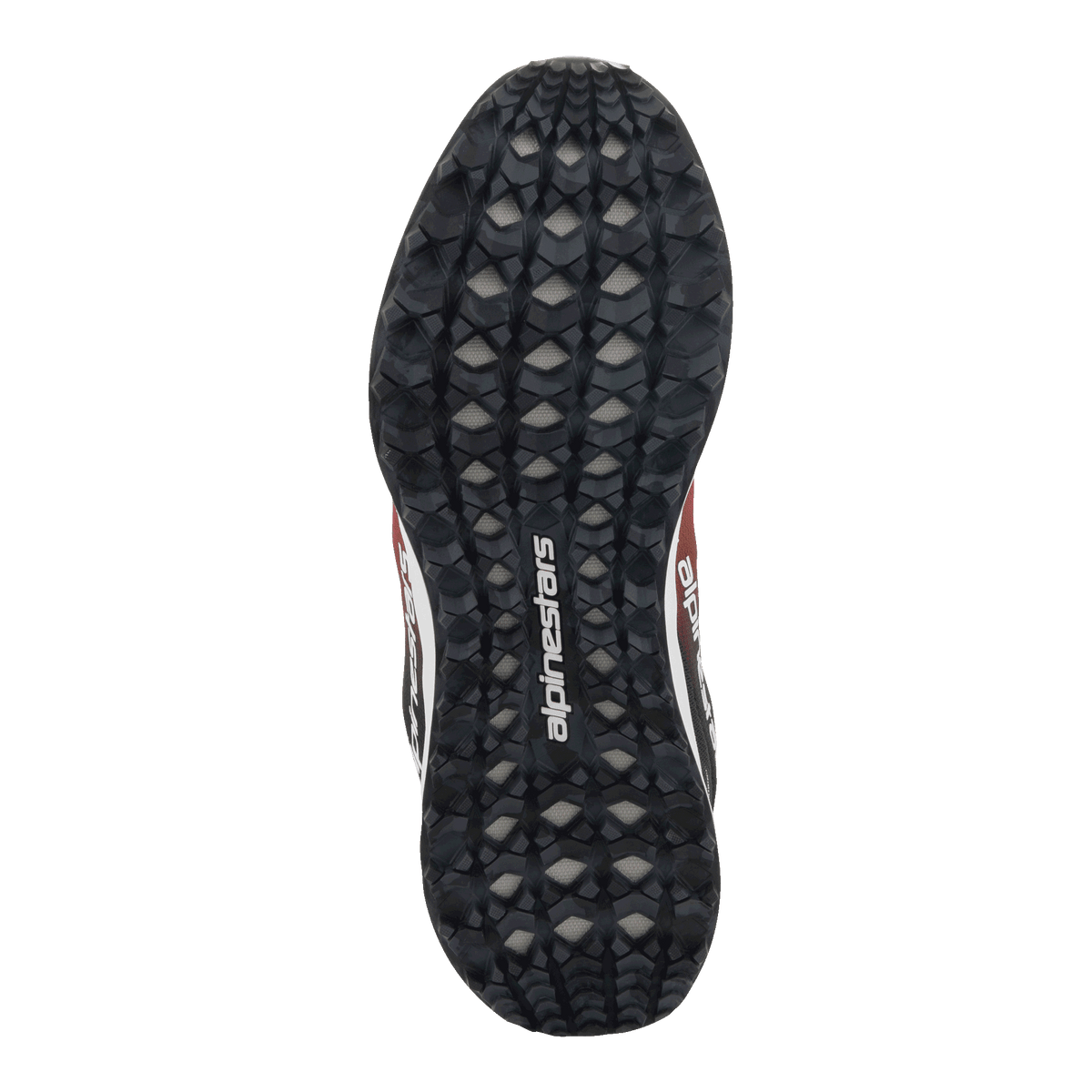 Sapatos Alpinestars Meta Road V2, vista inferior da sola, borracha preta com um padrão de rasto hexagonal texturado para aderência, logótipo Alpinestars branco no centro, detalhes em vermelho, preto e branco visíveis nas laterais
