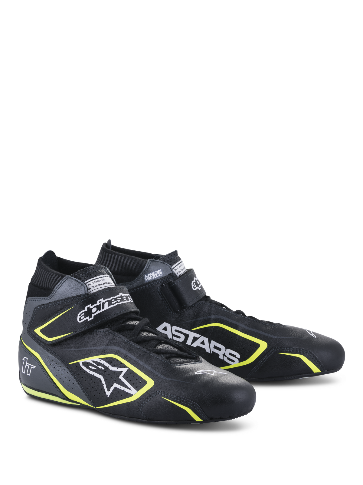 Alpinestars Tech-1 T V3 Shoes FIA, sapatos de automobilismo, pretos, cinzento e amarelo néon, construção integral em couro com tira de velcro, detalhes em amarelo néon, logótipos brancos proeminentes Alpinestars e ASTARS, design profissional de desporto motorizado