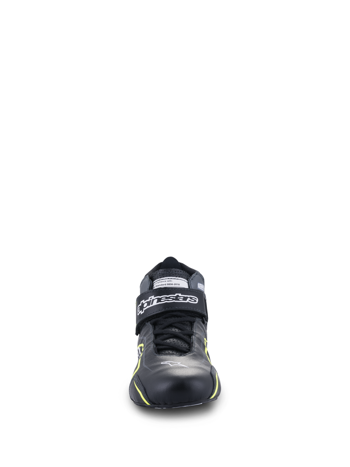 Alpinestars Tech-1 T V3 Shoes FIA, sapatos de automobilismo, pretos com pormenores em amarelo fluo, vista frontal, construção integral em couro com tira de velcro no tornozelo, logótipo Alpinestars branco, design técnico para condução de alta performance