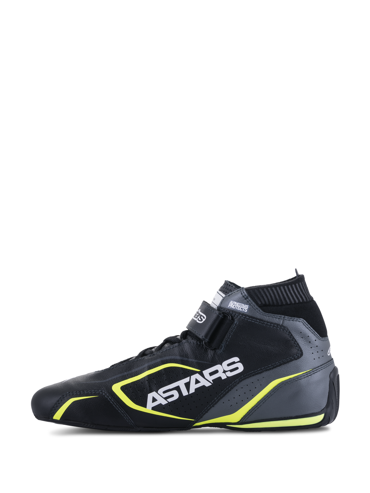 Sapatos Alpinestars Tech-1 T V3 FIA, sapatos de automobilismo, preto, cinzento cool e amarelo fluo, vista de perfil lateral mostrando a construção em couro, logótipo ASTARS branco, colarinho elástico ignífugo e detalhes em amarelo vibrante.