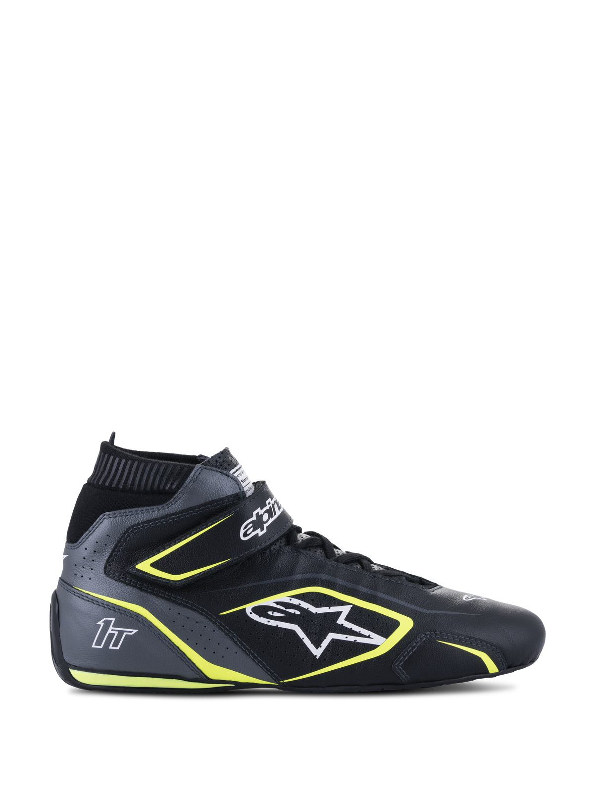 Alpinestars Tech-1 T V3 FIA Racing Shoes, sapatos de corrida, pretos e cinzentos com detalhes amarelo néon, calçado de automobilismo de cano alto, construção em pele bovina perfurada, tira de velcro no tornozelo e atacadores, logótipo branco e marca 1T, homologação FIA 8856-2018 para automobilismo