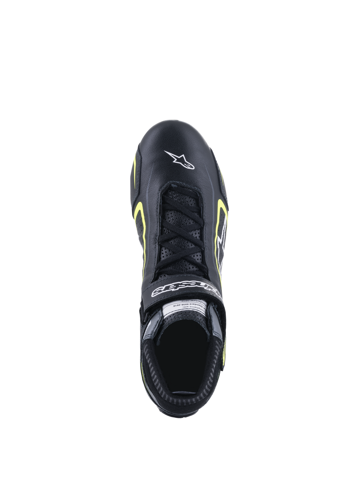 Sapatos Alpinestars Tech-1 T V3 FIA, sapatos de automobilismo, preto e amarelo fluo, vista superior mostrando a construção em pele, fecho com atacadores e logótipo Alpinestars a branco na biqueira.