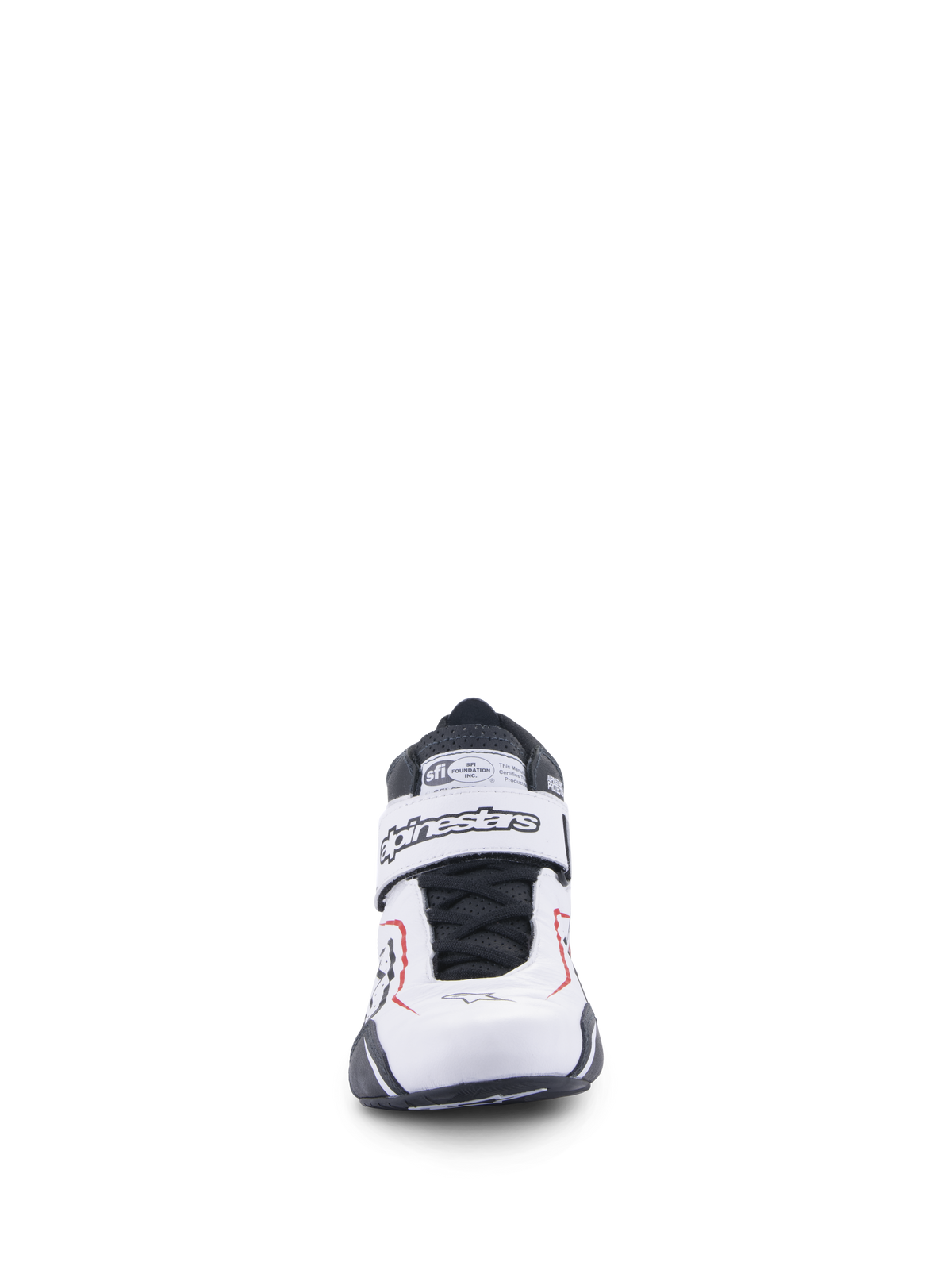 Sapatos Alpinestars Tech-1 T V3, sapatos de automobilismo, brancos, pretos e vermelhos, vista frontal com tira de fecho de velcro com a marca Alpinestars, atacadores pretos e etiqueta de certificação SFI na língua