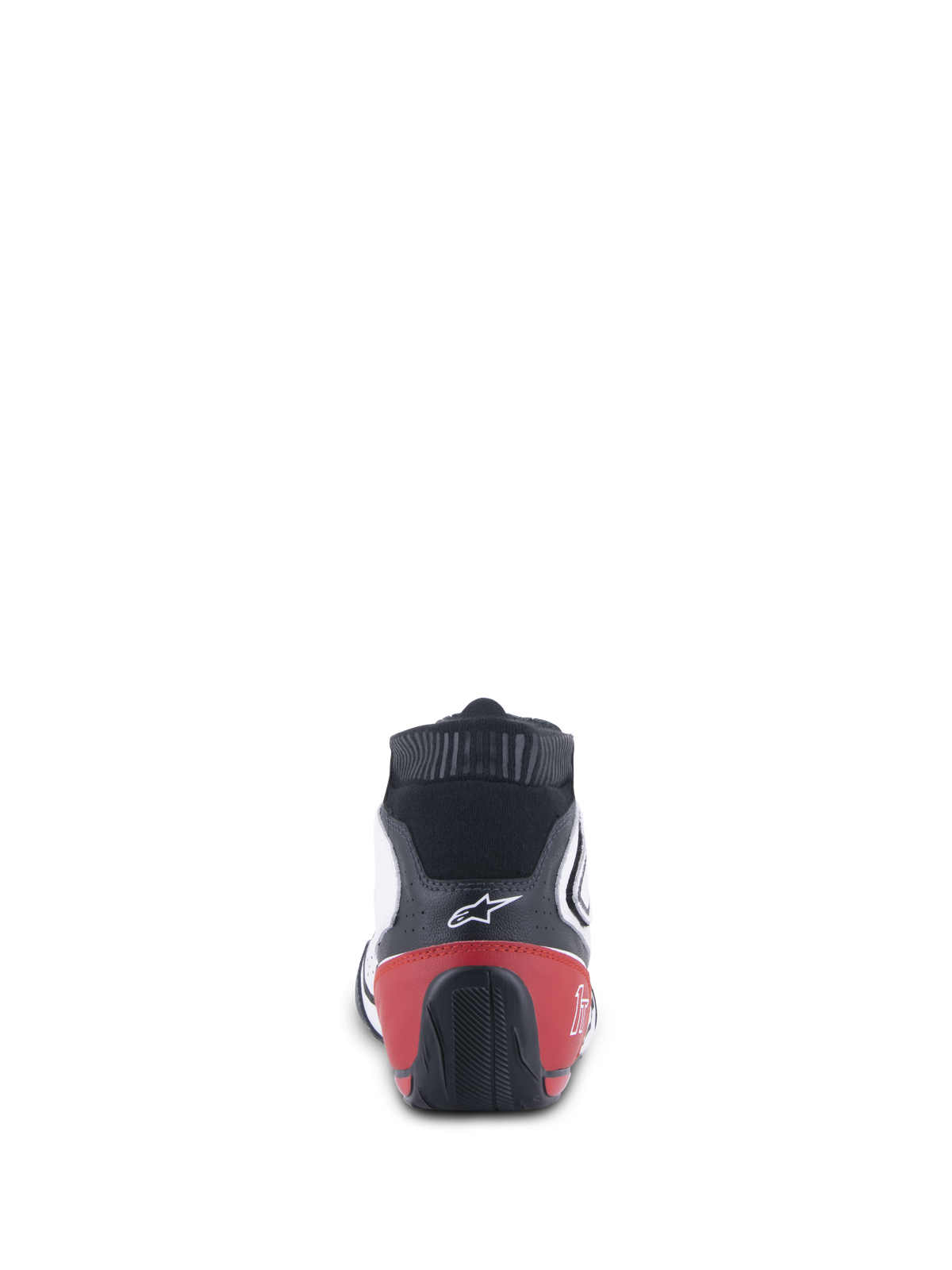 Alpinestars Tech-1 T V3 Shoes FIA, sapatos de automobilismo, branco, preto e vermelho, vista traseira mostrando o contraforte do calcanhar vermelho e a sola exterior preta texturizada, logótipo Alpinestars branco na parte superior em couro preto.