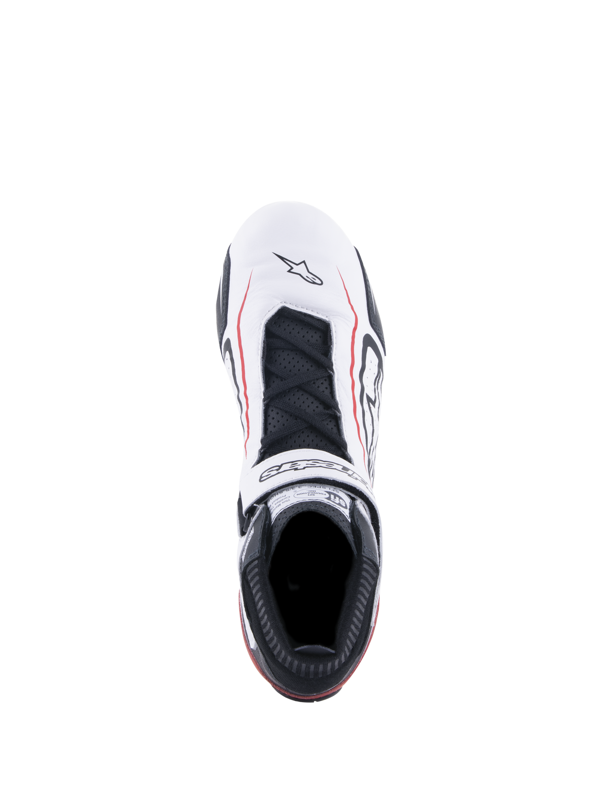Sapatos Alpinestars Tech-1 T V3 FIA, sapatos de automobilismo, branco, preto e vermelho, vista superior com parte superior em couro branco e linhas de destaque vermelhas, atacadores pretos, tira de gancho e laço com logótipo e etiqueta de certificação SFI na língua