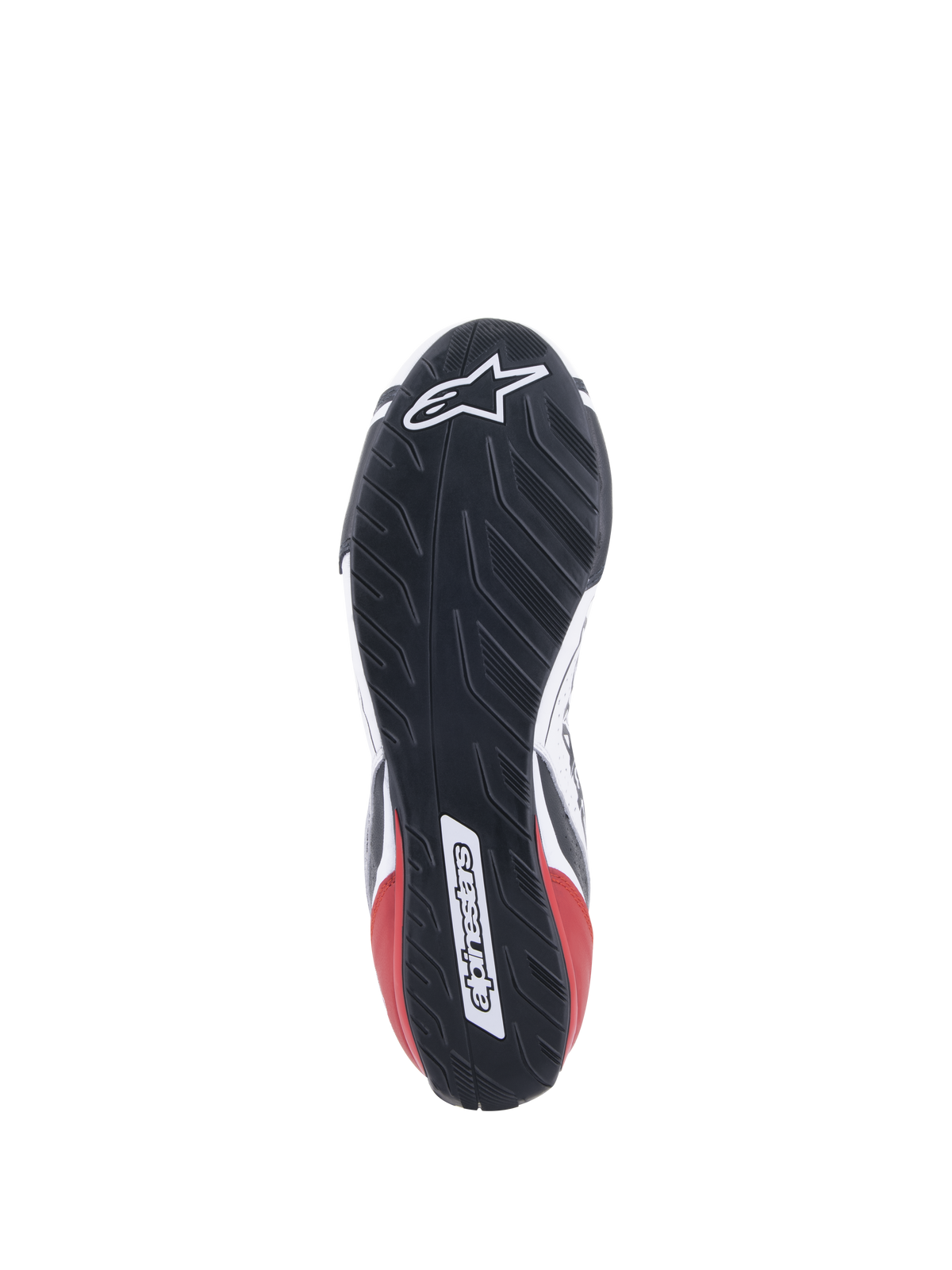 Sapatos Alpinestars Tech-1 T V3 FIA, sapatos de automobilismo, brancos, pretos e vermelhos, vista detalhada da sola de borracha assimétrica inspirada no rasto de um pneu, com o logótipo e a marca nominativa da Alpinestars, sola exterior resistente ao óleo e repelente de água