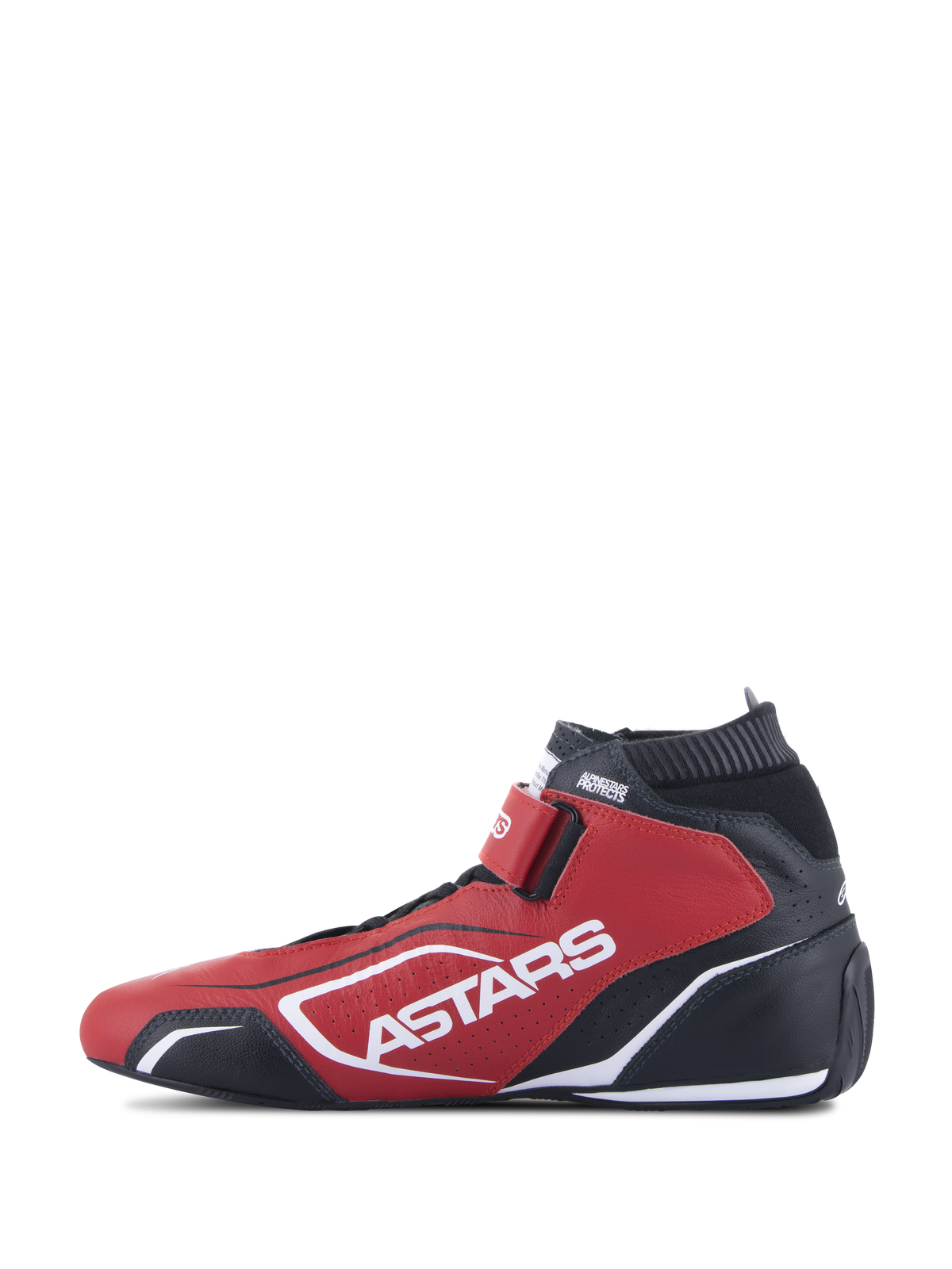 Sapatos Alpinestars Tech-1 T V3 FIA, sapatos de automobilismo, vermelho, preto e branco, vista de perfil lateral com a marca ASTARS em destaque a branco, tira de fecho de gancho e laço e gola elástica à prova de fogo, calçado profissional para desportos motorizados com construção em couro bovino.
