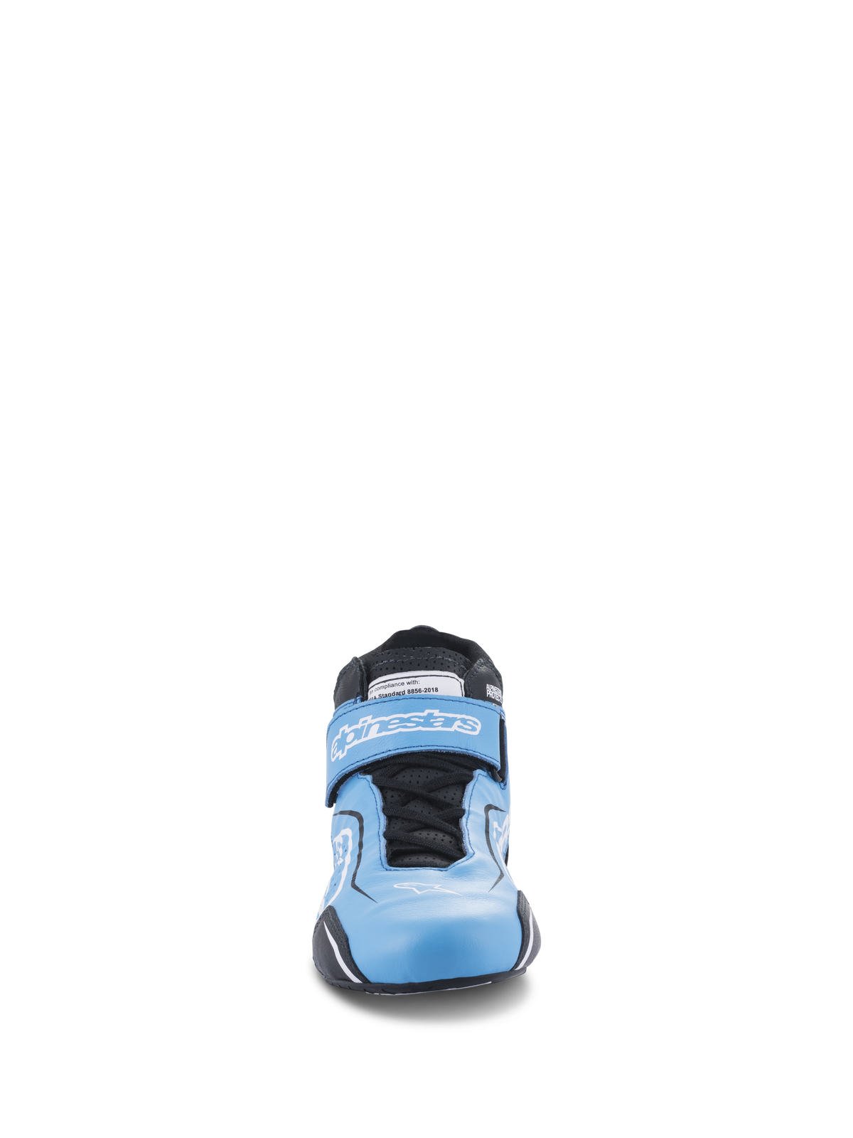 Alpinestars Tech-1 T V3 Shoes FIA, sapatos de automobilismo, azul claro com pormenores em preto e branco, vista frontal mostrando o sistema de fecho duplo com atacadores e tira de velcro, calçado de condução em pele de alta performance