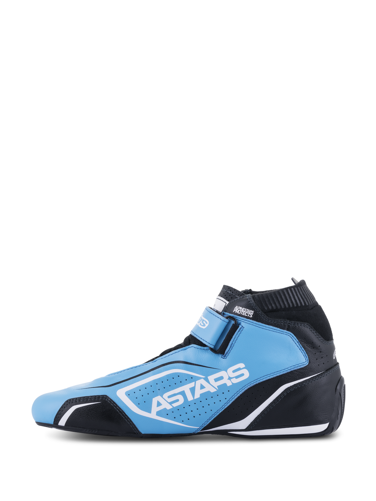 Alpinestars Tech-1 T V3 Shoes FIA, sapatos de automobilismo, azul claro, preto e branco, com a marca ASTARS, painéis de couro perfurado e silhueta de corrida aerodinâmica.