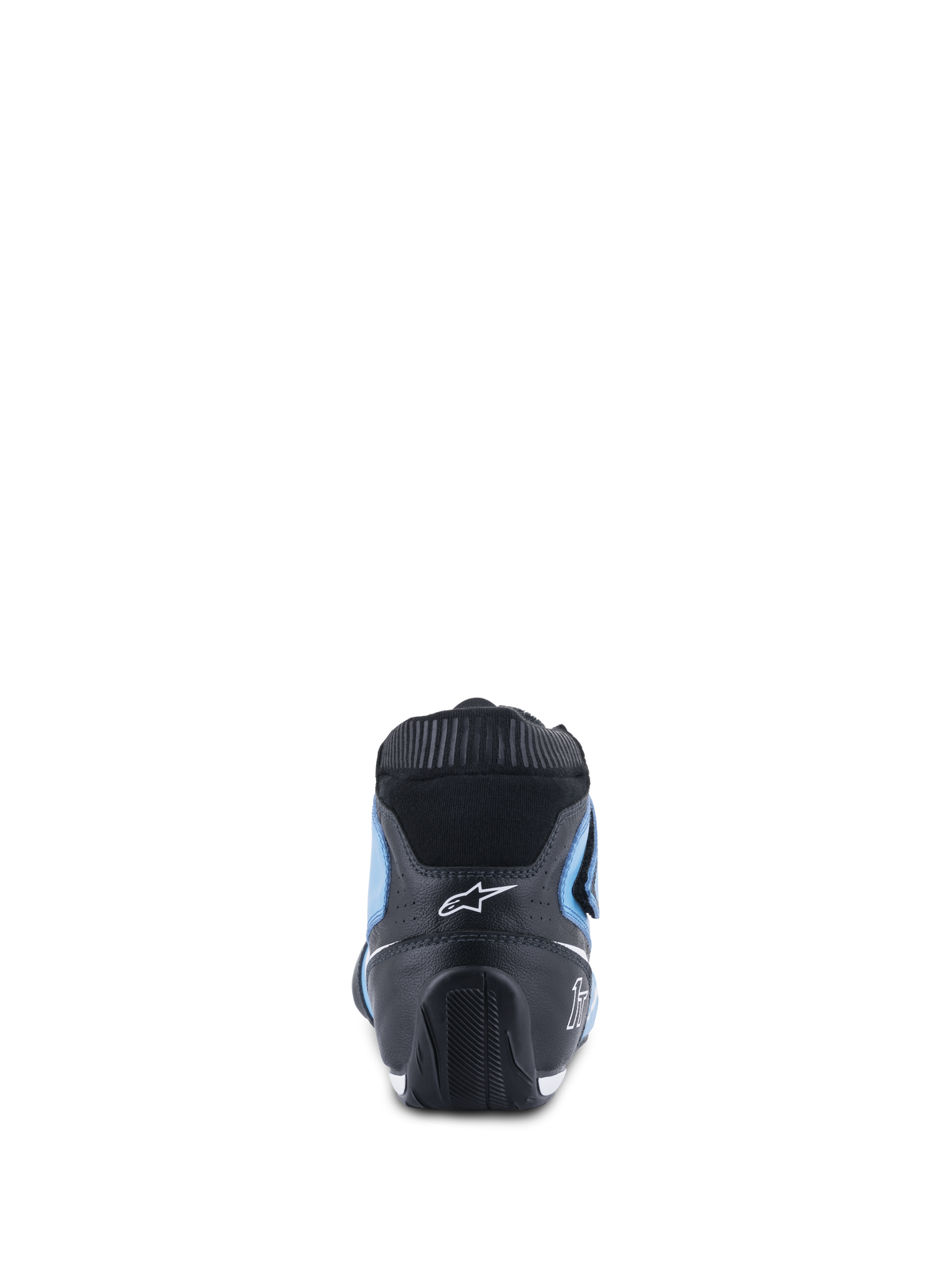 Alpinestars Tech-1 T V3 Shoes FIA, sapatos de automobilismo, azul claro, preto e branco, vista traseira apresentando o calcanhar em pele preta, painéis laterais em azul claro e gola elástica preta à prova de fogo, design ergonómico elegante com logótipo Alpinestars branco