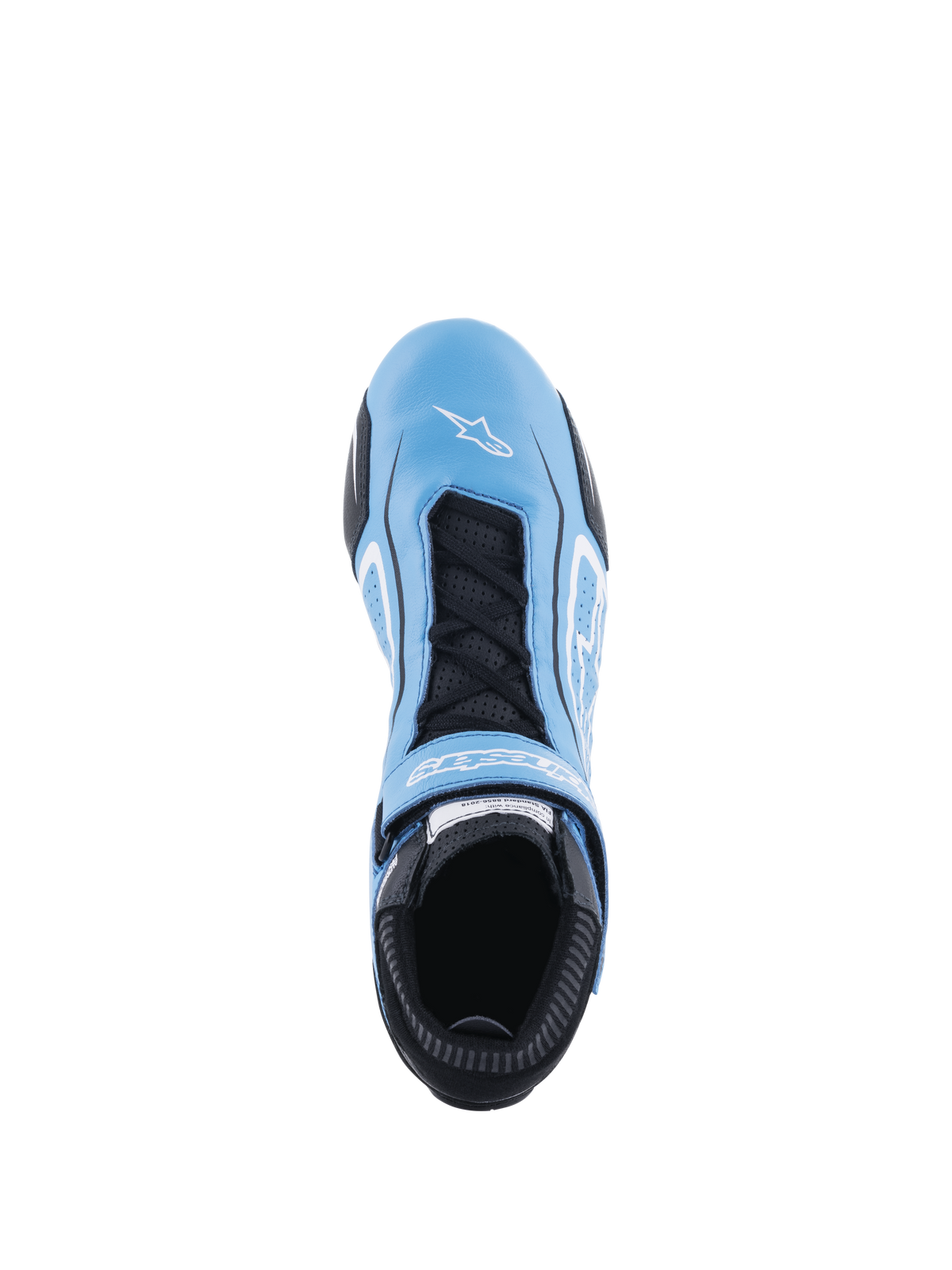 Sapatos Alpinestars Tech-1 T V3 FIA, sapatos de automobilismo, azul claro, preto e branco, vista superior mostrando a construção integral em couro bovino, atacadores pretos com tira de gancho e laço, logótipo Alpinestars branco na biqueira e língua perfurada para respirabilidade