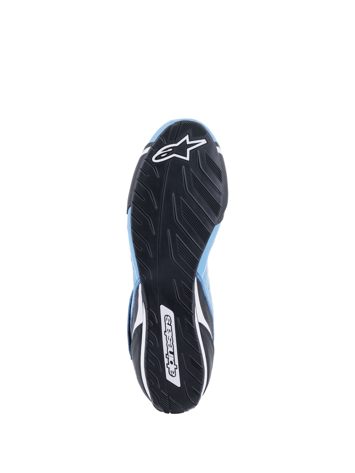 Sapatos Alpinestars Tech-1 T V3 FIA, vista inferior da sola de borracha preta, design de rasto de pneu assimétrico, logótipos de estrela e marca nominativa Alpinestars em branco, pormenores em pele azul claro e preto, calçado de alta performance para automobilismo