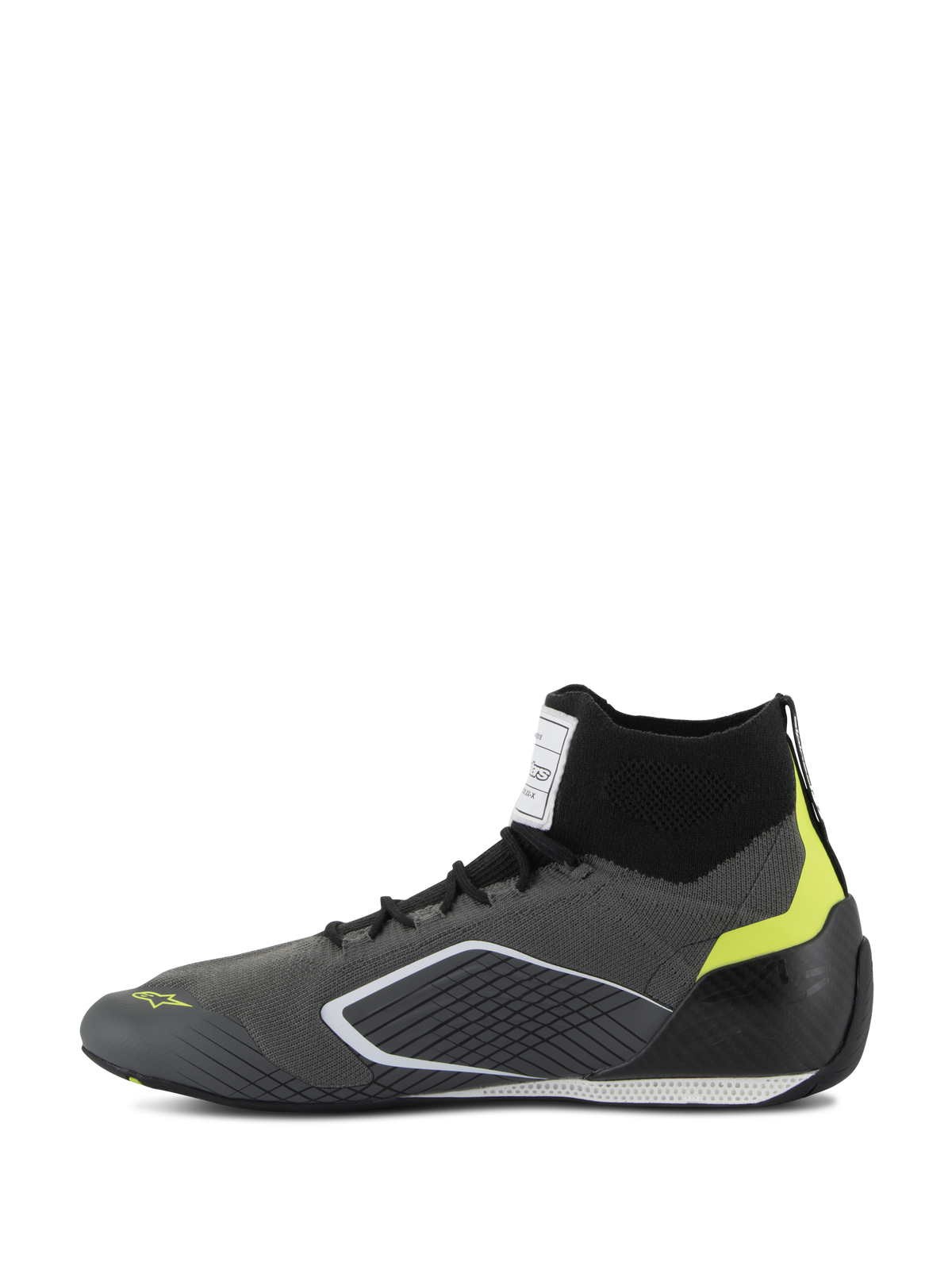 Sapatos Alpinestars Supertech - FIA/SFI, sapatos de automobilismo, cinzentos e pretos com pormenores em amarelo néon, vista de perfil lateral, com parte superior em malha de aramida e calcanhar em fibra de carbono, calçado profissional para desporto motorizado