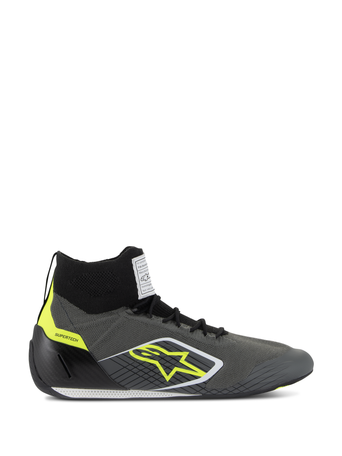 Sapatos Alpinestars Supertech FIA/SFI, sapatos de corrida profissionais de cano alto, cinzento Cool e preto com detalhes em amarelo néon, parte superior em malha de aramida, calcanhar em fibra de carbono, logótipo de estrela amarela, sola fina branca e preta, calçado certificado para desportos motorizados
