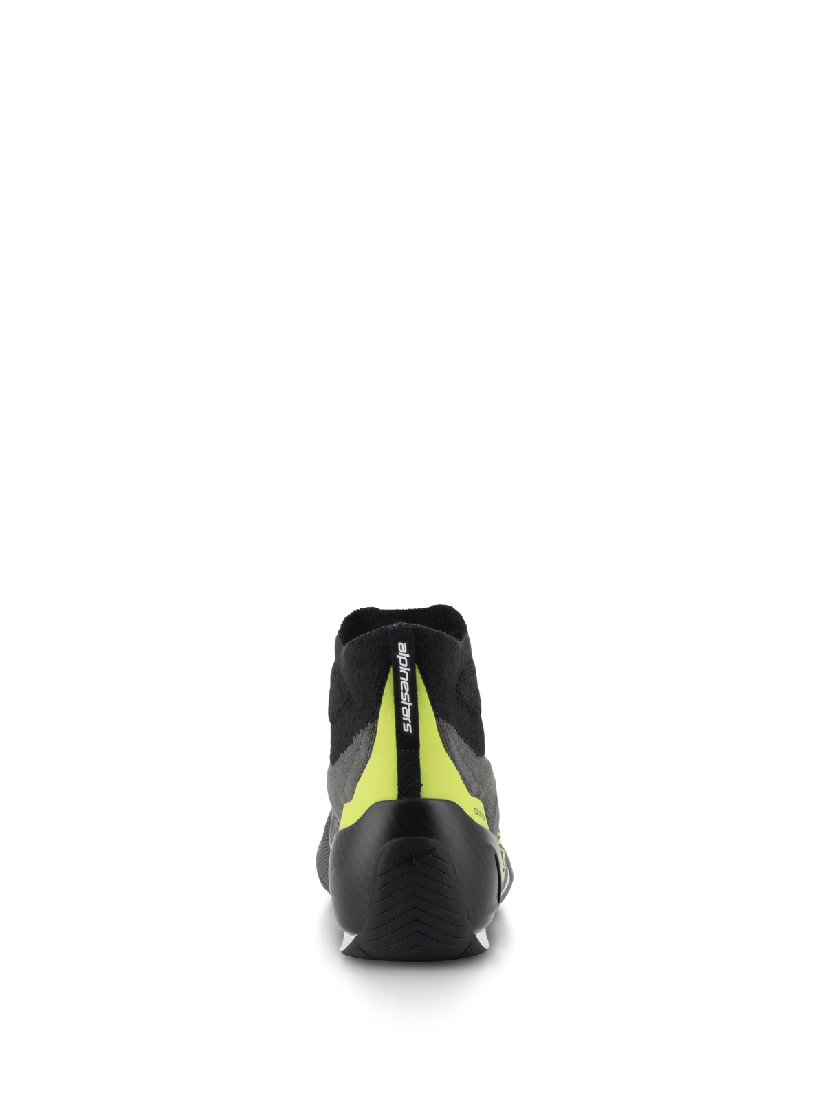 Sapatos Alpinestars Supertech, calçado de competição automóvel, cinzentos e pretos, vista traseira com taça de calcanhar em carbono preto e faixa vertical em amarelo néon com logótipo, design profissional de automobilismo