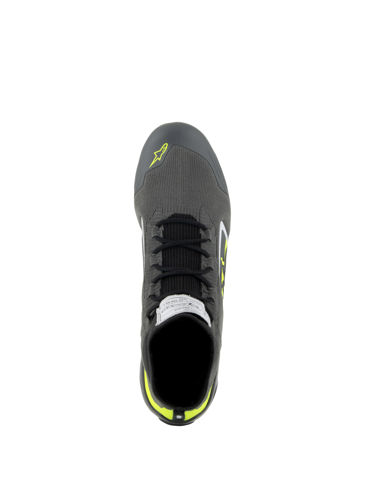 Sapatos Alpinestars Supertech, sapatos de automobilismo, cinzento Cool Gray, preto e amarelo néon, vista superior com parte superior tricotada, atacadores pretos e etiqueta de certificação FIA na língua, calçado de condução profissional