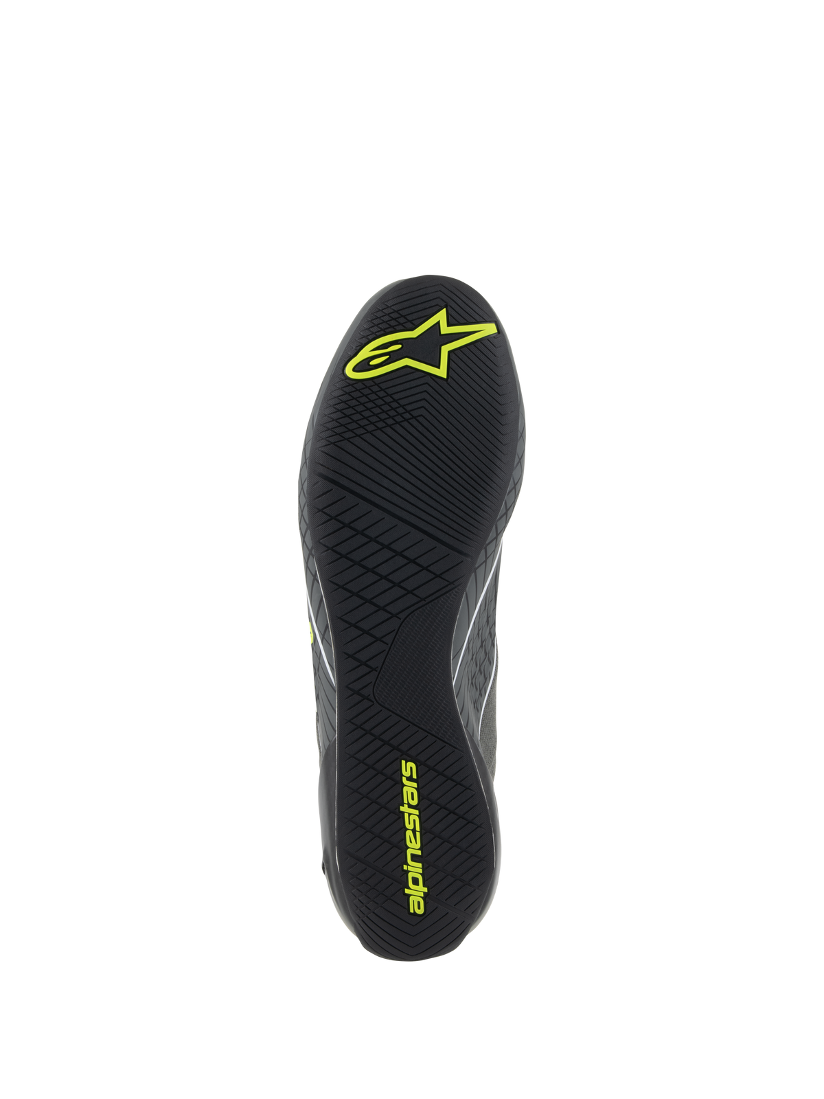 Alpinestars Supertech Shoes, calçado de automobilismo, cinzento cool e amarelo fluo, vista detalhada da sola exterior de borracha preta com rasto assimétrico texturado e logótipos Alpinestars amarelos para aderência aos pedais e sensibilidade.