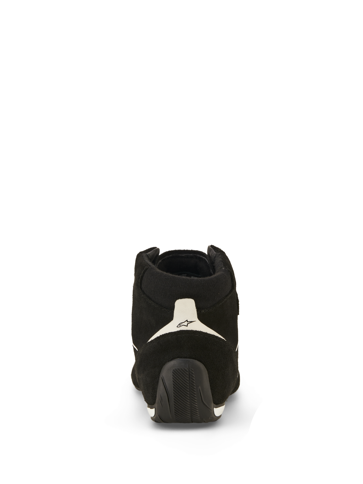 Sapatos Alpinestars SP V3 FIA, sapatos de automobilismo, pretos e brancos, vista traseira com parte superior em camurça, painel do calcanhar branco com logótipo preto e sola de borracha texturizada que se estende pelo calcanhar