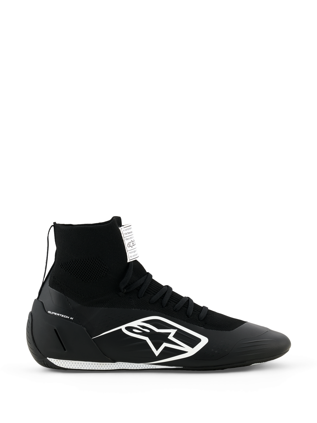 Alpinestars Supertech K Shoes FIA, sapatos de corrida para karting pretos, design tricotado de cano alto com logótipo branco, colarinho do tornozelo tipo meia, sola texturizada branca, certificação FIA