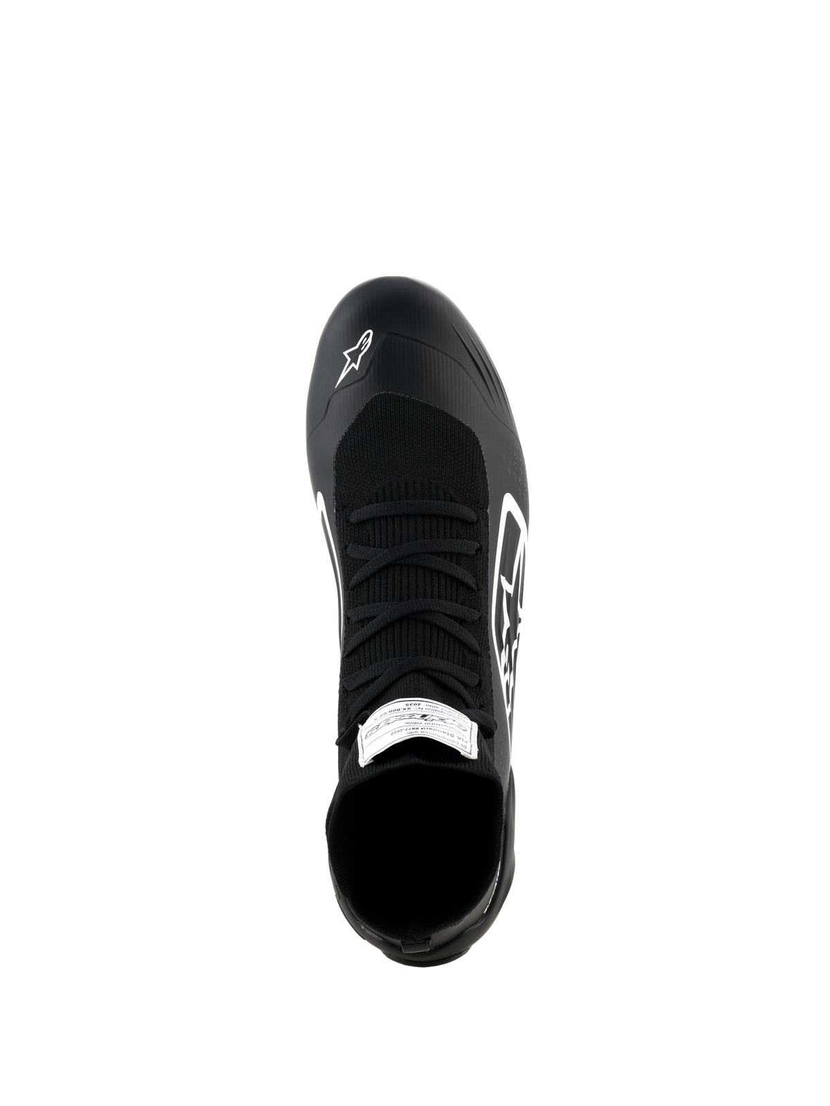 Alpinestars Supertech K Shoes, sapatos de karting, pretos e brancos, vista superior com parte superior totalmente tricotada, atacadores pretos, logótipo Alpinestars branco na biqueira e etiqueta de certificação FIA na língua