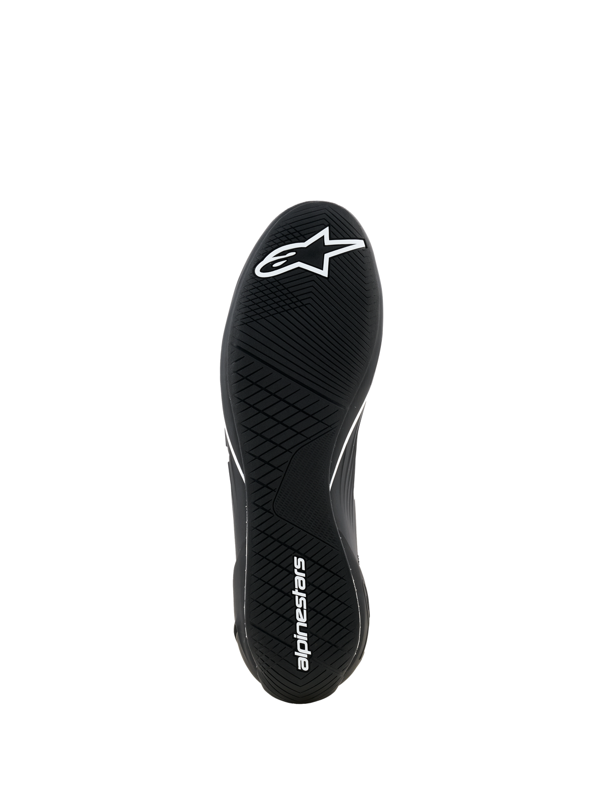 Alpinestars Supertech K Shoes - FIA, sapatos de karting, pretos, vista inferior mostrando a sola de borracha ultrafina com piso assimétrico, logótipo de estrela branco na zona frontal e nome da marca branco no calcanhar, concebidos para máxima sensibilidade aos pedais