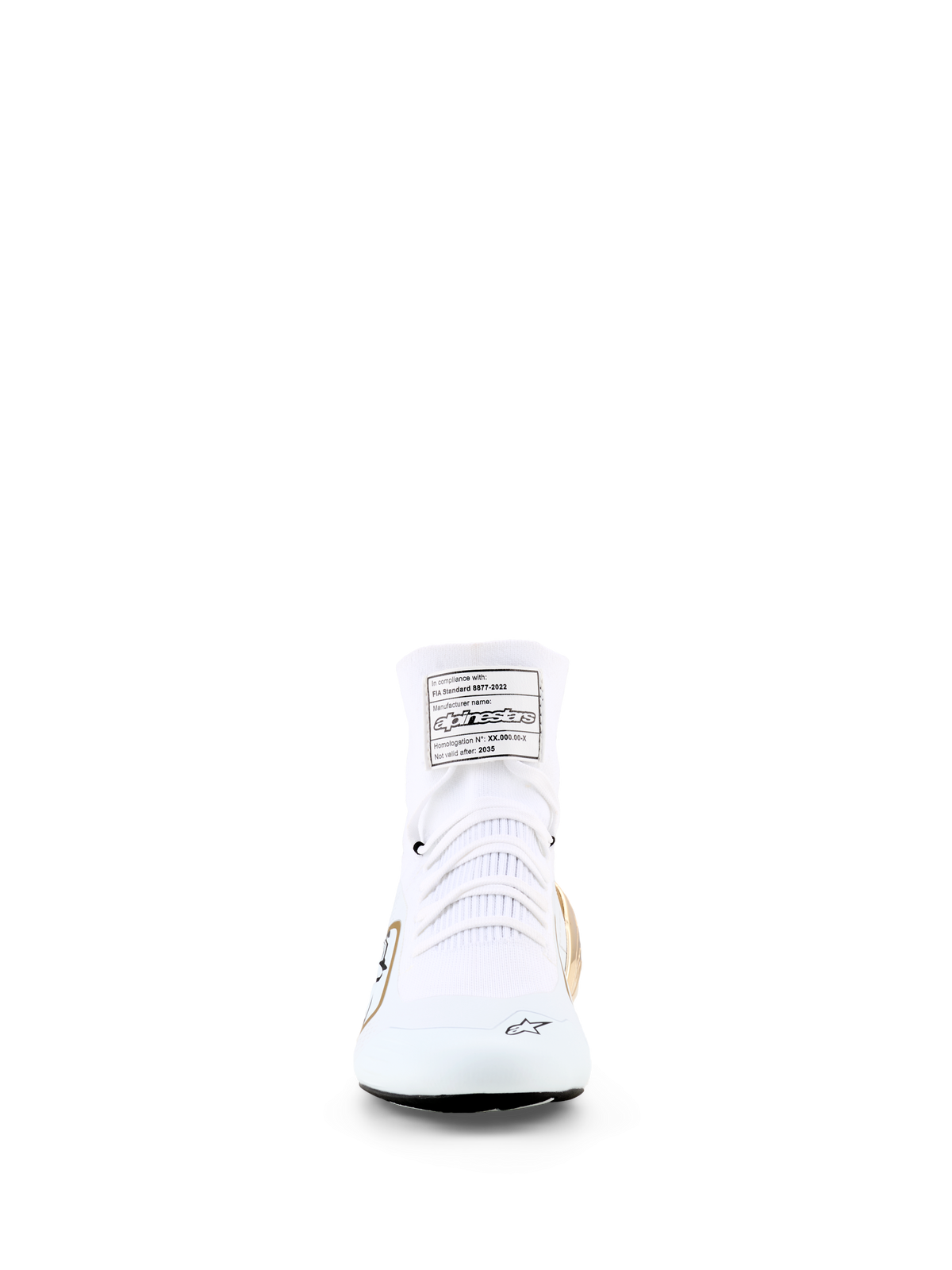 Alpinestars Supertech K Shoes - FIA, Karting Shoes, White Black and Gold, front view showing knitted textile upper, white laces, and FIA homologation label on the tongue, professional racing footwear