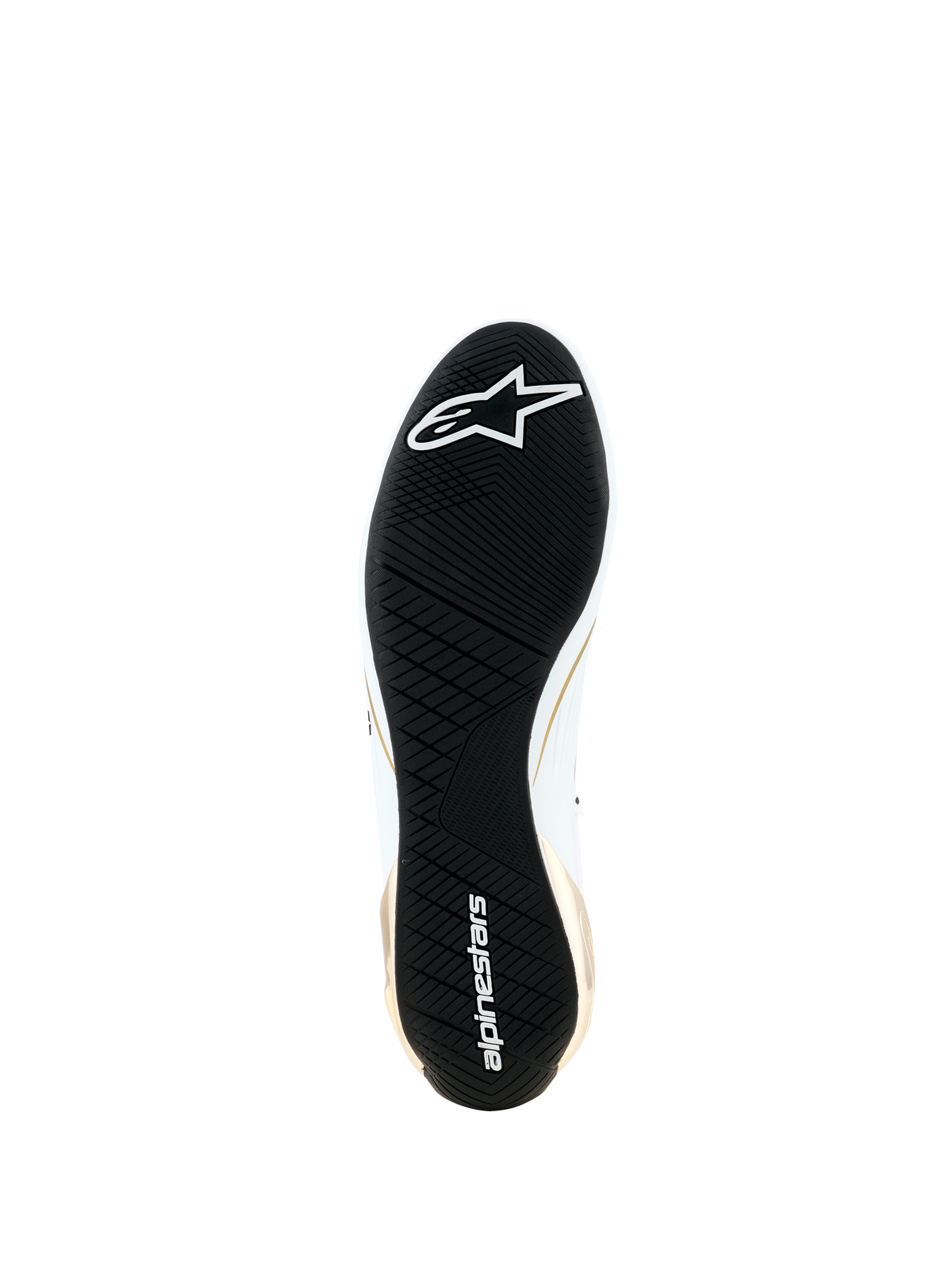 Alpinestars Supertech K Shoes - FIA, bottom view showing the black ultra-thin rubber outsole, asymmetric tread pattern for grip, white Alpinestars logo and wordmark, gold and white side accents, specialized karting footwear