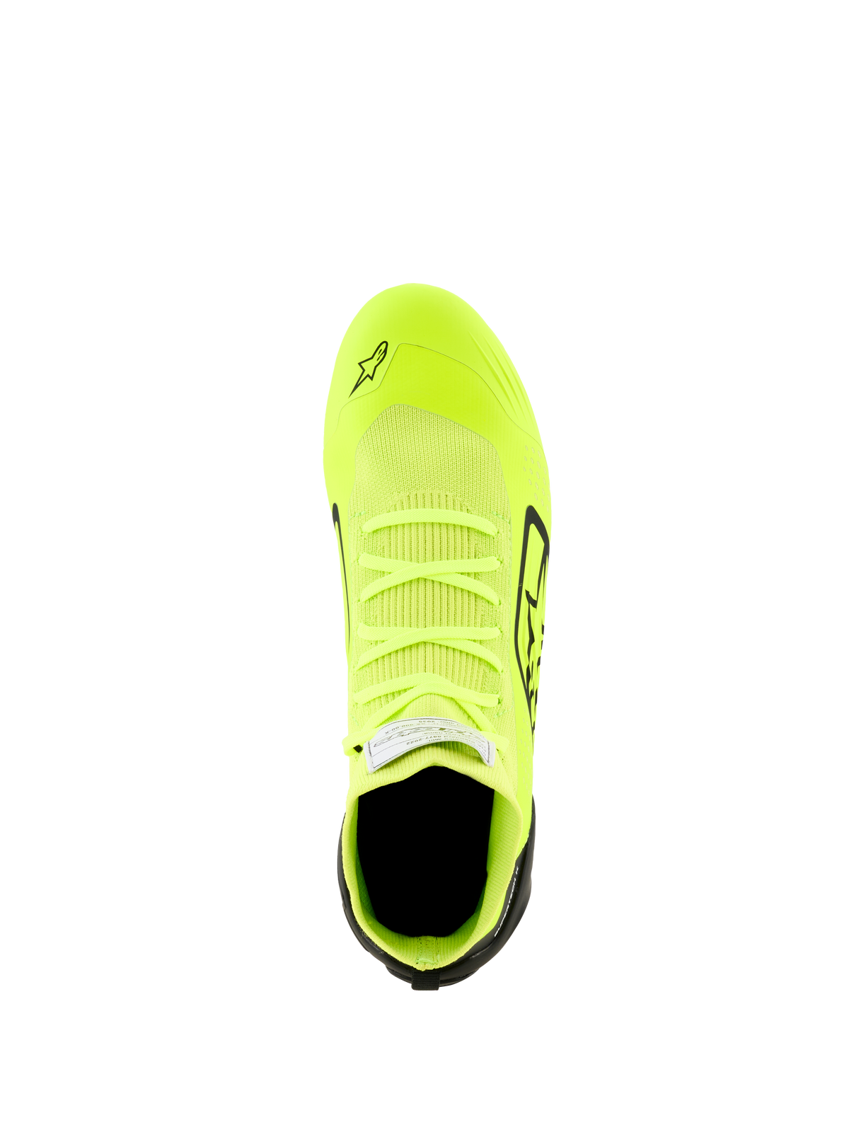 Alpinestars Supertech K Shoes - FIA, Karting Shoes, Yellow Fluo Black and White, top-down view featuring a fully knitted upper, fluorescent yellow body with black heel and side accents, sleek aerodynamic profile for precision racing