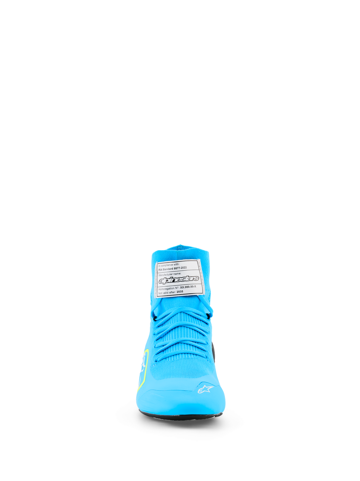 Alpinestars Supertech K Shoes - FIA, sapatos de karting, azul claro e amarelo fluorescente, vista frontal com parte superior totalmente tricotada, etiqueta de certificação FIA branca na língua e logótipo de estrela branco na biqueira