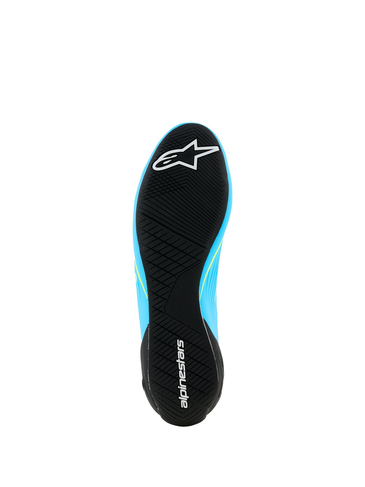 Sapatos Alpinestars Supertech K - FIA, sapatos de karting, azul claro e preto com pormenores em amarelo fluo, vista inferior da sola exterior de borracha ultrafina com rasto assimétrico e logótipo Alpinestars