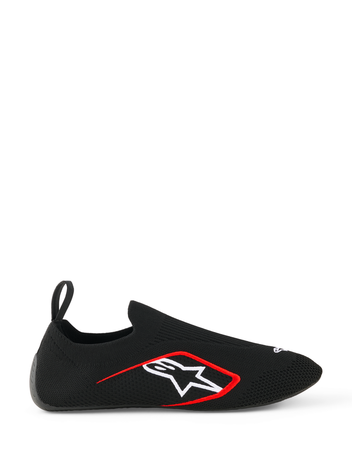 Alpinestars Tech Gaming Shoes, Sim Racing Shoes, Black, side profile showing seamless knitted stretch upper, white Alpinestars star logo with red border, rear pull tab, sock-like fit for virtual racing