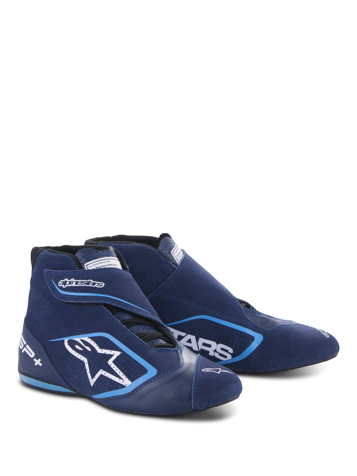 Alpinestars SP+ Shoes N, sapatos de automobilismo, azul-ultramarino e azul-claro, design de cano alto com construção em camurça e pele, logótipo de estrela branca grande e marca SP+, formato aerodinâmico para automobilismo profissional
