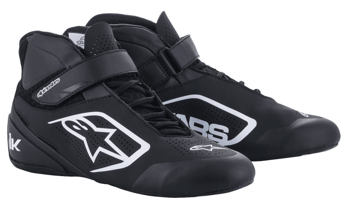 Alpinestars Tech-1 K V2 AND Youth Tech-1 K V2 Karting Shoes, Black and White, perforated nubuck microfiber with straps.