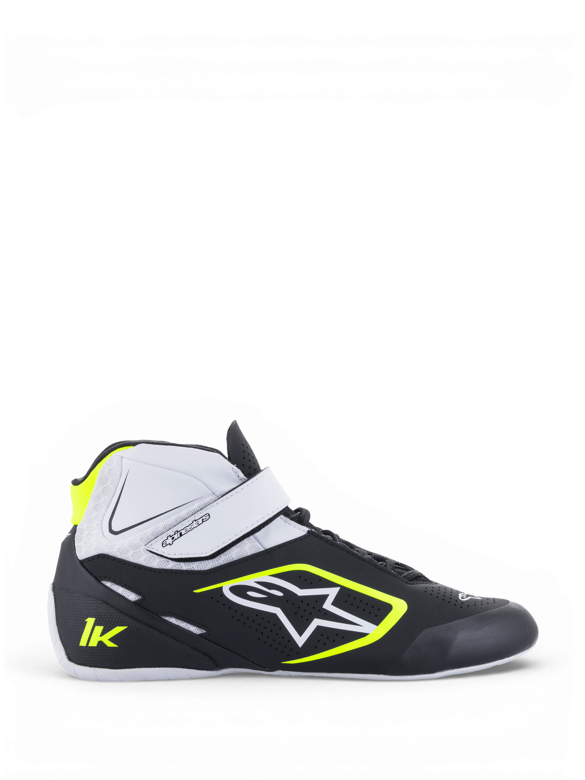 Alpinestars Sapatos Tech-1 K V2, sapatos de karting para homem, pretos, brancos e amarelo fluo, construção em microfibra leve, sistema de fecho duplo com tira de velcro e sola de borracha de alta aderência.