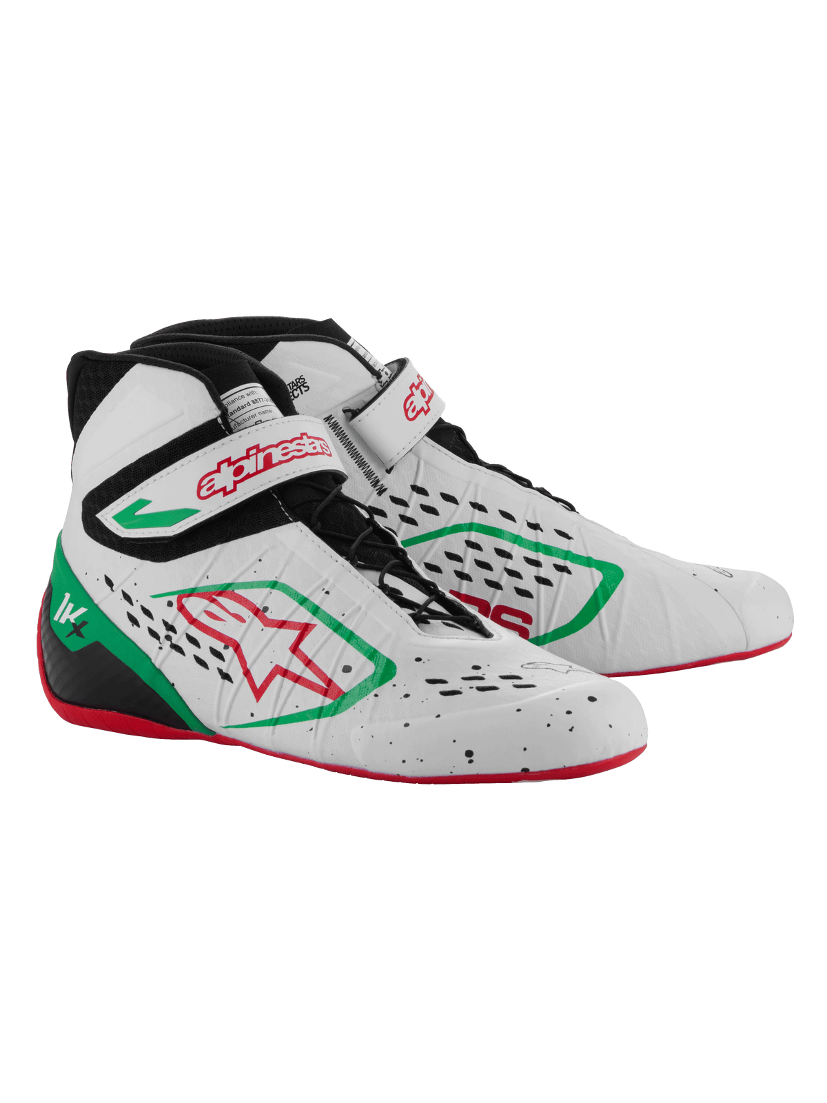 Sapatos de Karting Alpinestars Tech-1 KX V3, brancos, verdes e vermelhos, com parte superior termossoldada sem costuras e perfurações cortadas a laser, atacadores assimétricos, tira de velcro com logótipo vermelho e sola fina de borracha vermelha.