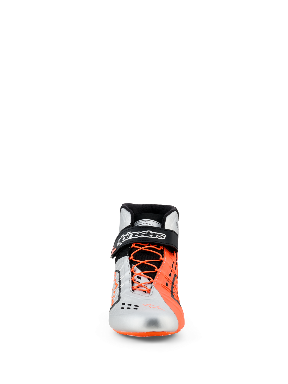 Sapatos Alpinestars Tech-1 KX V3, sapatos de karting, preto, prateado e laranja fluo, vista frontal, parte superior prateada e laranja fluorescente, atacadores cor de laranja assimétricos, tira de tornozelo preta com logótipo branco, calçado de corrida elegante com certificação FIA