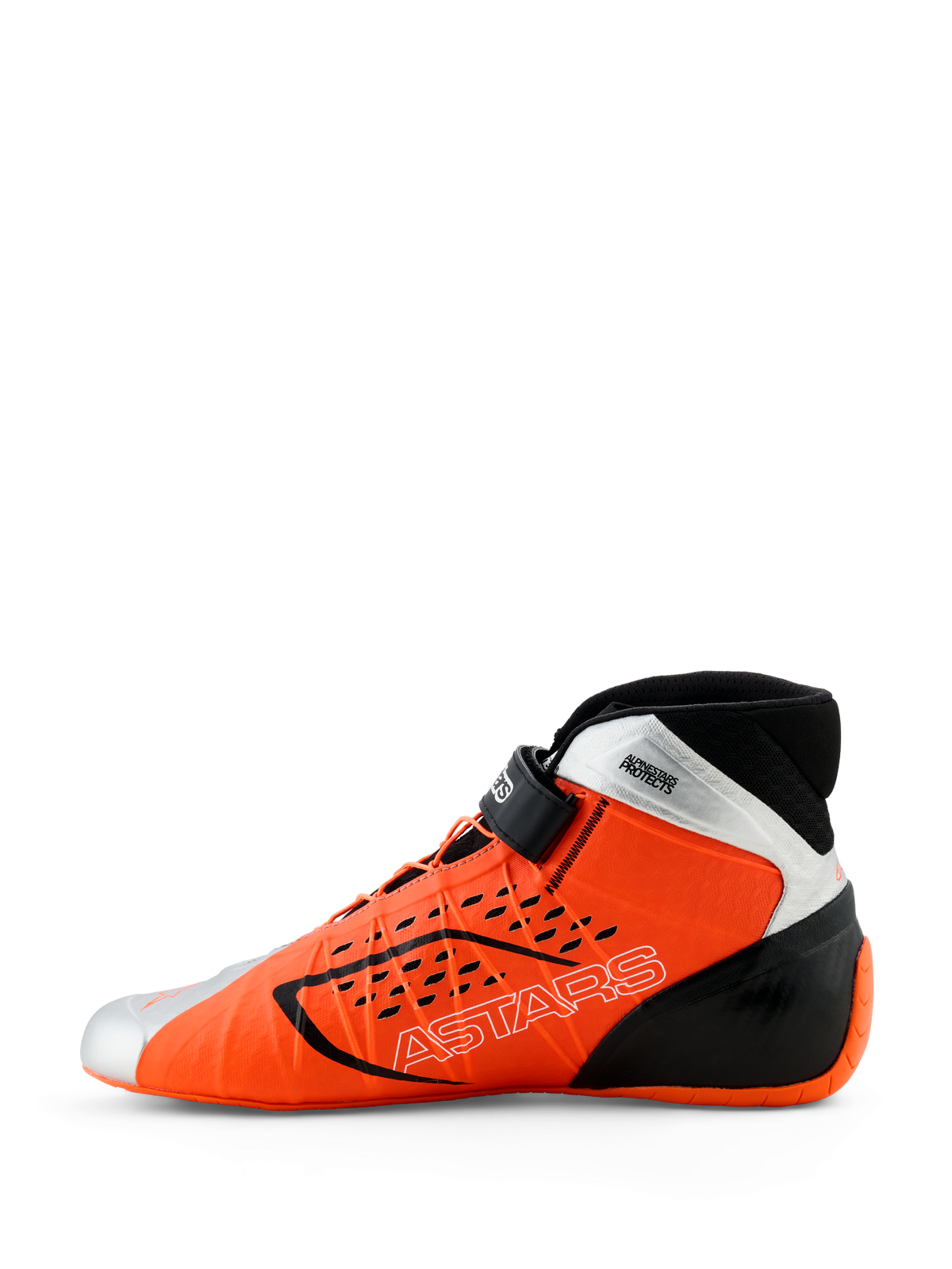 Sapatos Alpinestars Tech-1 KX V3, sapatos de karting, laranja fluo, preto e prateado, vista de perfil lateral, com o logótipo ASTARS na lateral, tira de tornozelo ajustável e design aerodinâmico elegante para competição profissional