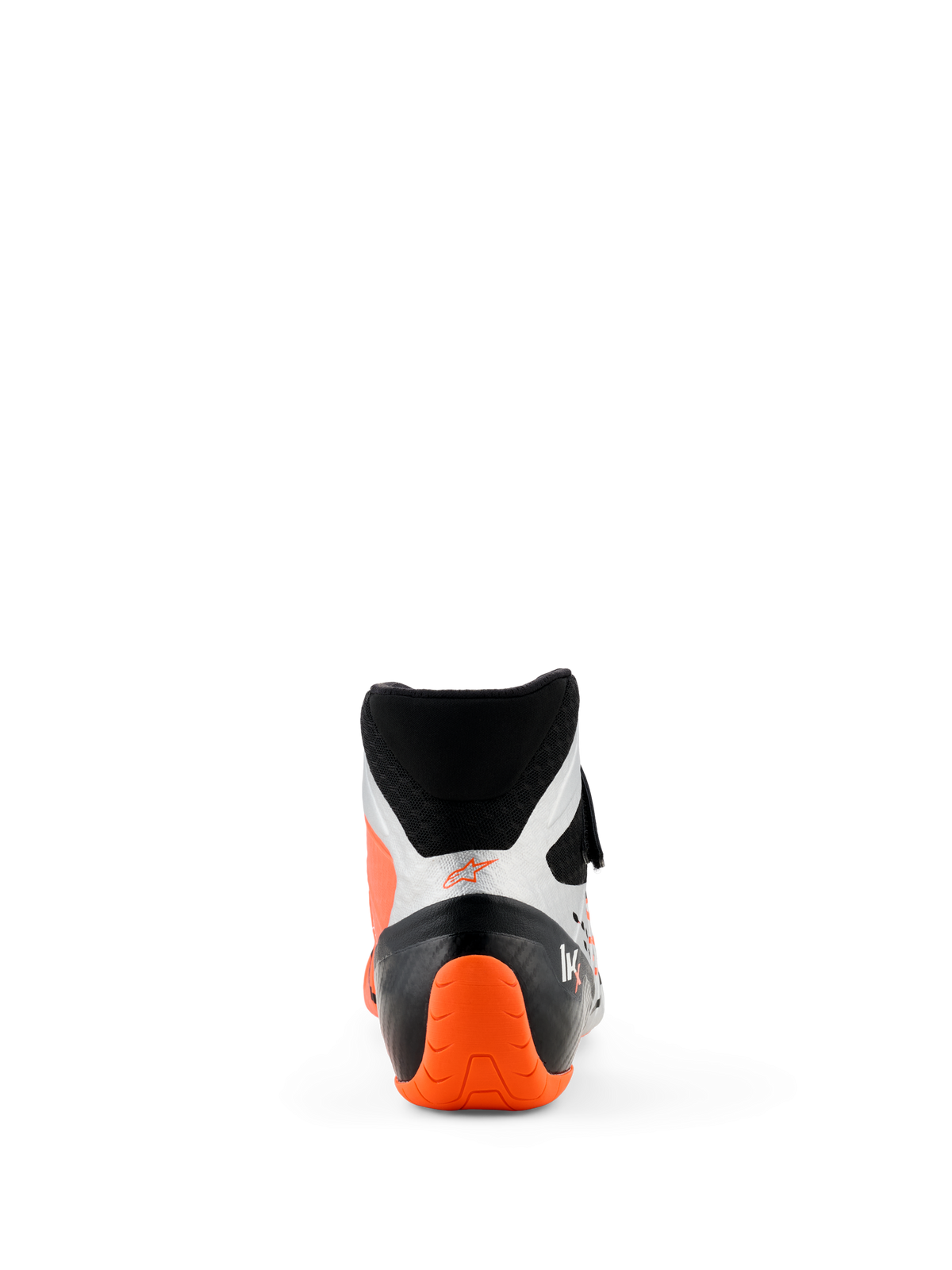 Sapatos Alpinestars Tech-1 KX V3, sapatos de karting, pretos, prateados e laranja fluo, vista traseira com calcanhar texturado cor de laranja vibrante e painéis laterais prateados, design de cano alto para competição profissional
