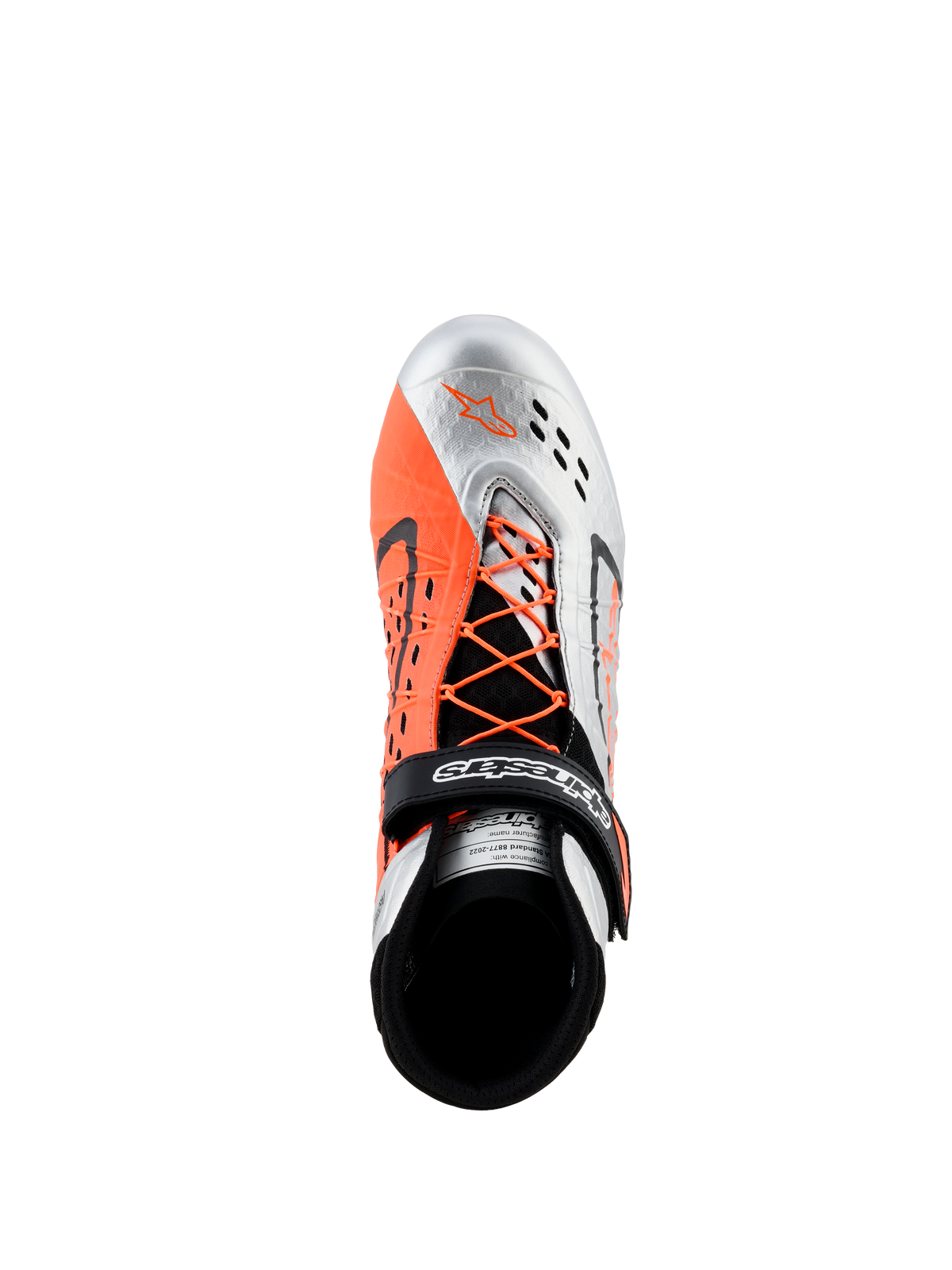 Alpinestars Tech-1 KX V3 Shoes - FIA, sapatos de karting, preto, prateado e laranja fluo, vista superior mostrando o sistema de atacadores assimétrico com atacadores cor de laranja, tira de Velcro com logótipo e perfurações respiráveis cortadas a laser na biqueira prateada.